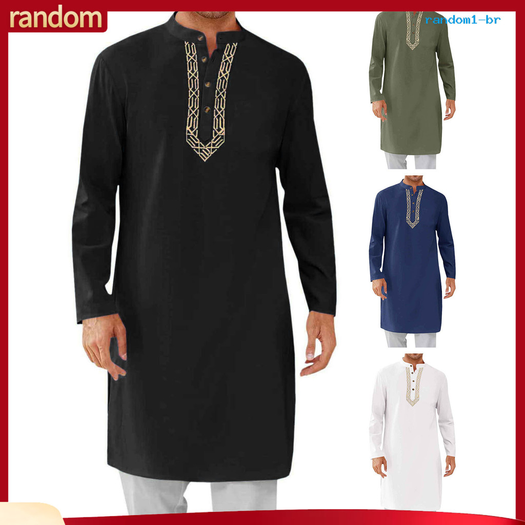 [RAN] Robe Kaftan Masculino , Gola Redonda , Manga Comprida , Abaya , Respirável , Com Botões , Thobe Árabe , Ihram , Ro
