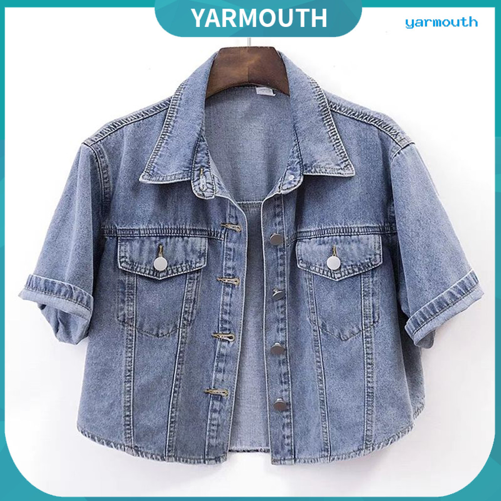 [YAR] Jaquetas Jeans Cortadas Femininas Com Lapela E Botão Para Baixo , Jaqueta De Verão , Manga Curta , Casaco Casual