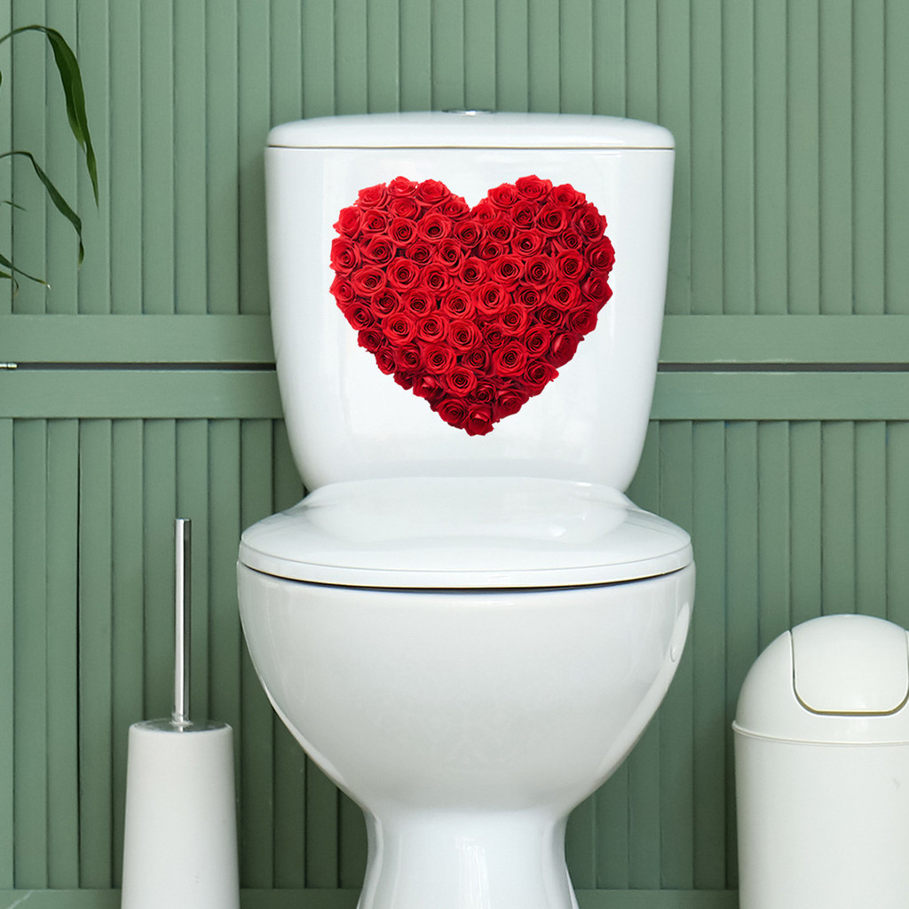 Gzmj Adesivo De Banheiro Para O Dia Dos Namorados , Flor Rosa , Formato De Coração , Tampa De Vaso Sanitário , Decalques