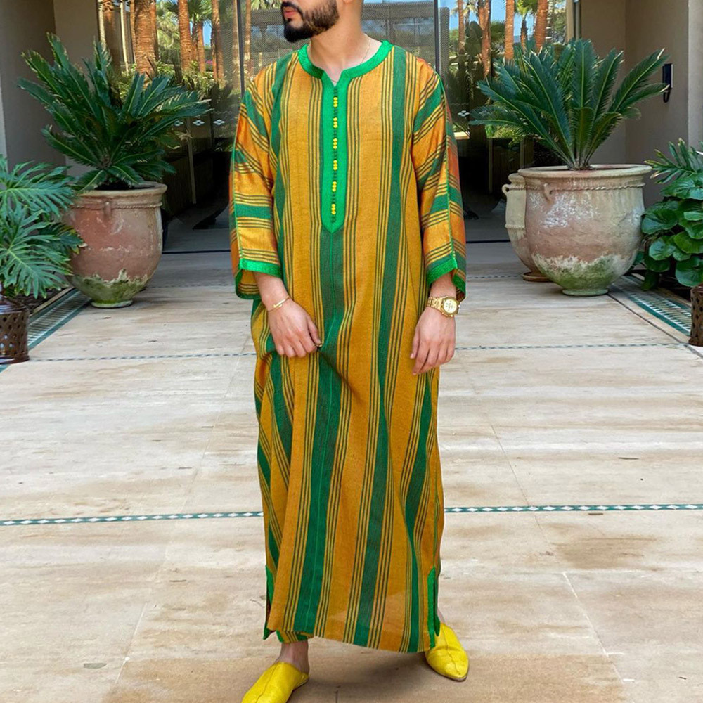 Islam Roupas Masculinas Marroquino Kaftan Listras Coloridas Respirável Thobe Para Masculino Muçulmano Moda Robe