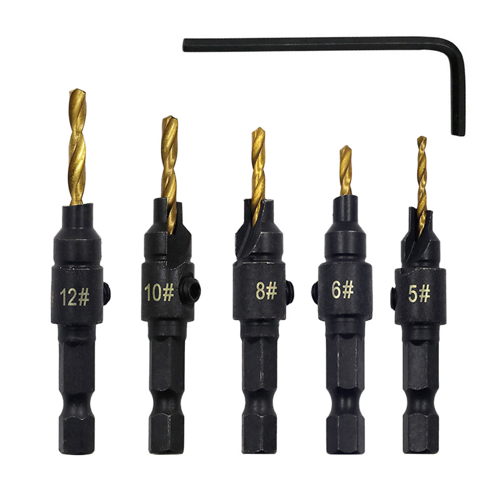 Gdmdbr 5PCS Conjunto De Brocas Escareadoras De Aço De Alta Velocidade Com 1 Chave Sextavada Grátis Para Marcenaria E Car