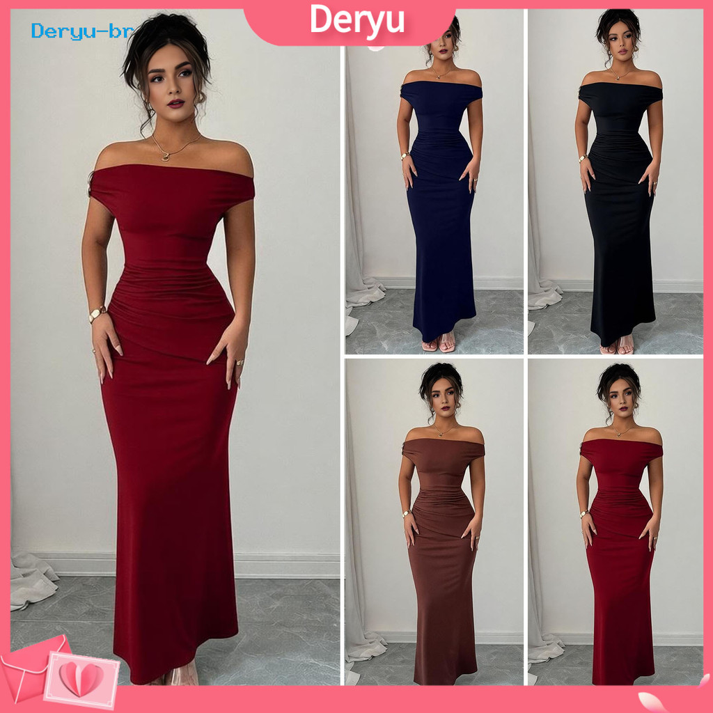 deryu.br Vestido Maxi Com Ombro De Fora Para Mulheres , Rabo De Peixe Franzido , Sexy , Bodycon , Longo Destaque De Meta