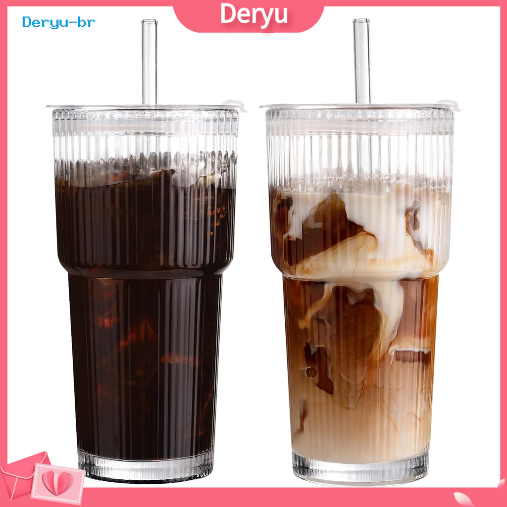 deryu.br Copo De Vidro Canelado Com Tampa E Canudo , Xícara De Café Gelado Capacidade De 560 Ml , Reutilizável Para Bebi