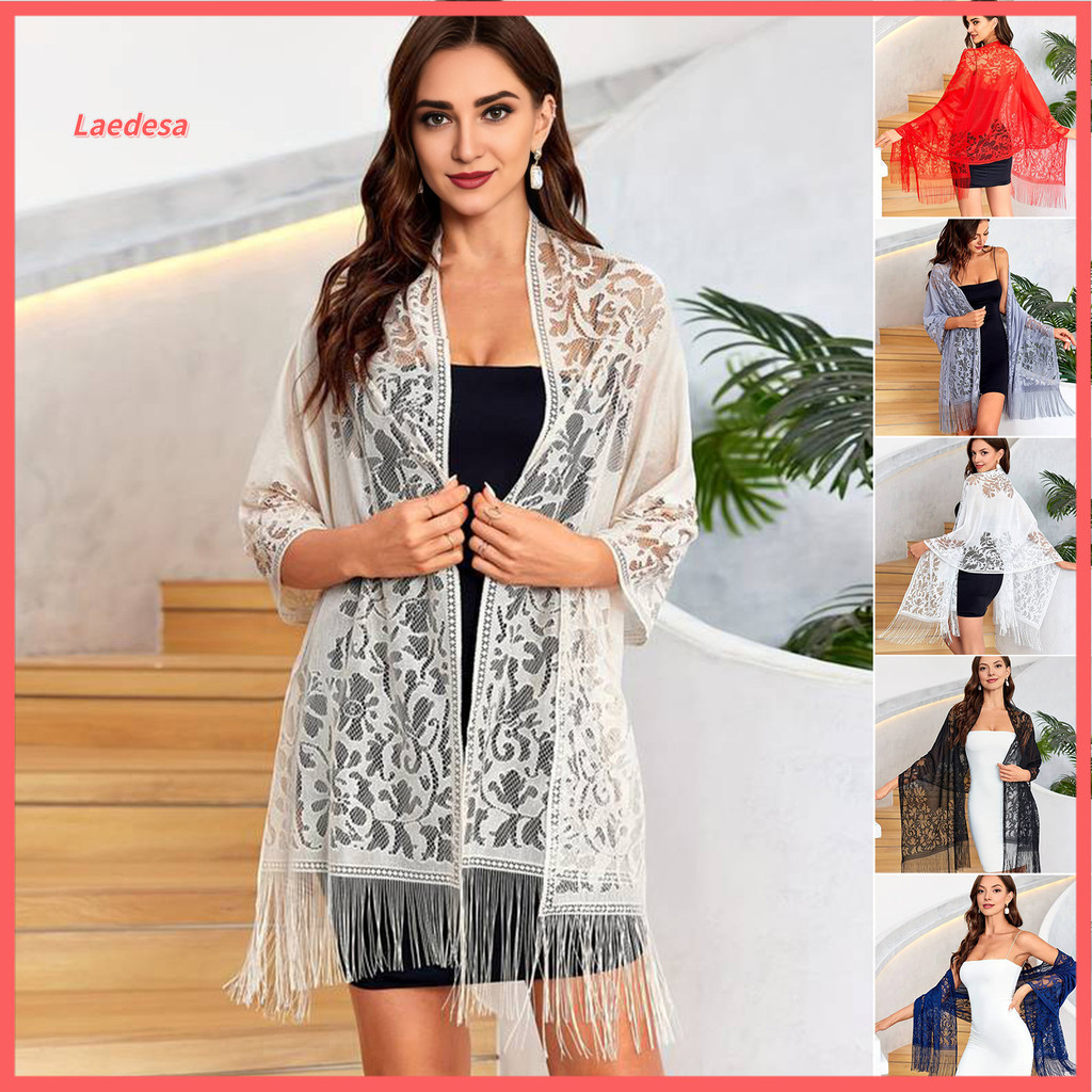 Laedesa Xale Feminino Oco Bordado Renda Flor Padrão De Verão Com Borla Bainha Proteção UV Pescoço Capa De Ombro