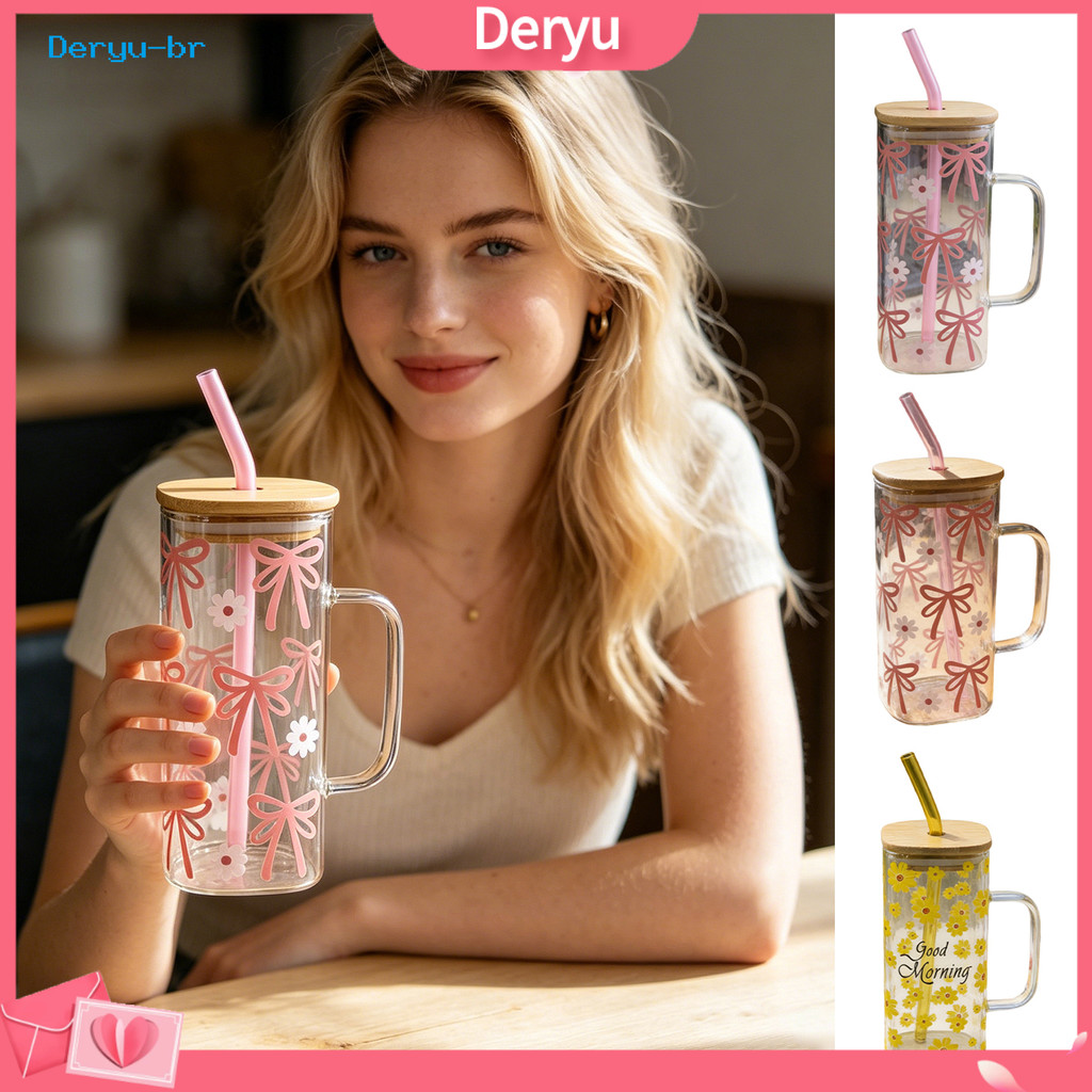 deryu.br Copo De Vidro Quadrado Com Tampa De Bambu E Canudo , Caneca Resistente Ao Calor De 380ml Alça Para Suco De Leit