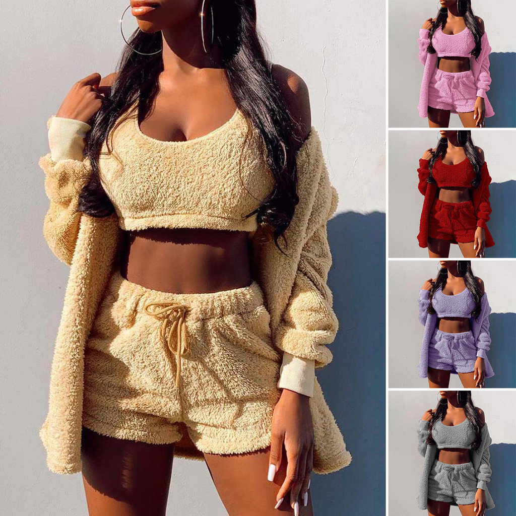 [Minjuche] 3 Unidades/Conjunto Crop Tops Shorts De Casaco Sexy Com Capuz Fofo Cardigan De Pelúcia Moletom Quente Agasalh
