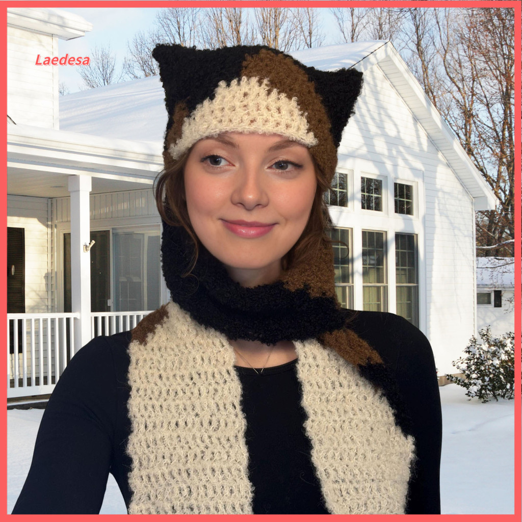 Laedesa Chapéu De Malha Tricolor Design De Gato Quente Crochê Cachecol De Inverno Atividades Ao Ar Livre Arnês Acessório