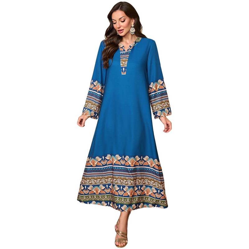Eid Verão Vestido Estampado Para Mulheres Muçulmanas Ramadan Abaya Longo Marrocos Kaftan Vestidos Largos Dubai Turquia R