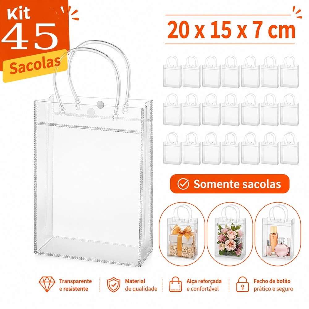 20x15x7cm, 45 sacos transparentes para presentes em PVC, reutilizáveis, à prova d'água, com alça e botões de pressão