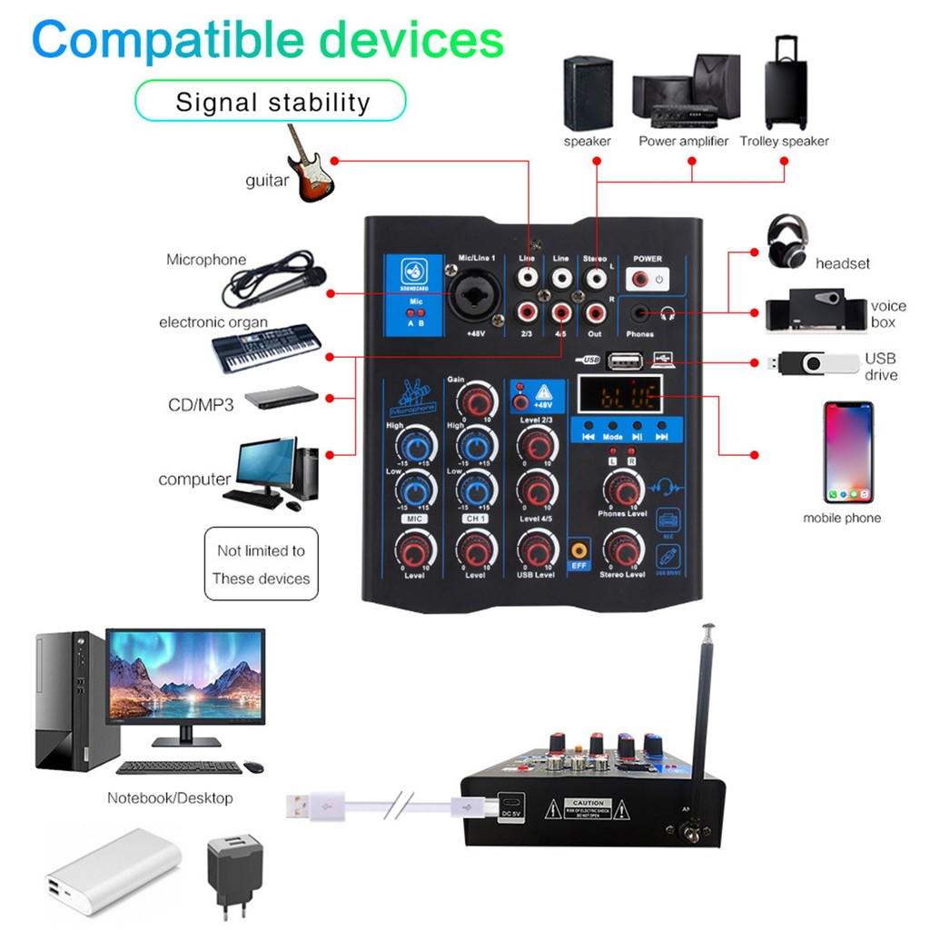 Cawdbr Mixer De Áudio Profissional Com Microfone Sem Fio Duplo , Interface Do Sistema De Console De Placa De Som DJ De 4