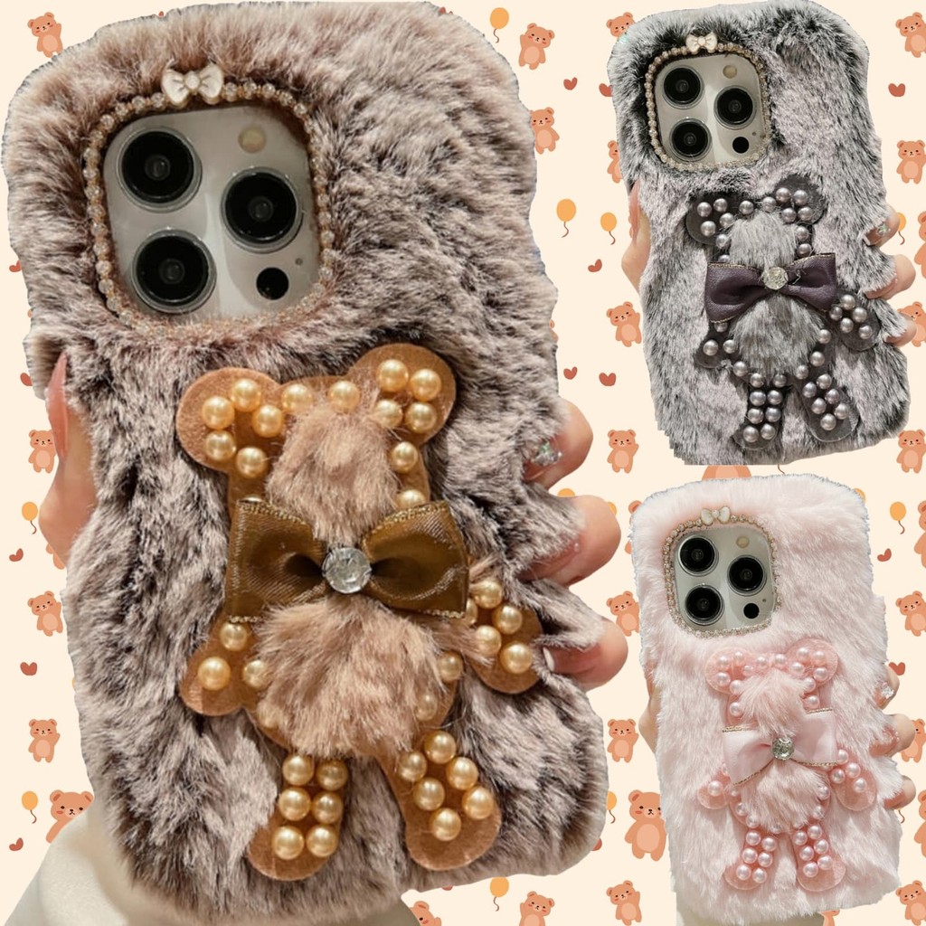 Para iPhone 17 16 15 14 13 12 11 Pro/Max/Plus/Air Capa De Telefone De Pelúcia Fofa Arco Peludo Urso Com Pérola Strass Fi