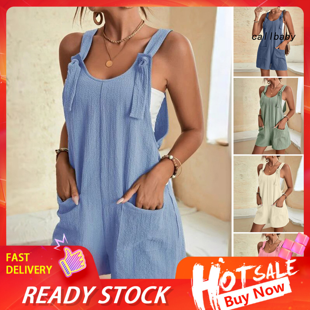 [cal] Macacão Feminino Sem Mangas Verão Casual Curto Solto De Algodão Com Bolsos Roupas De Praia Para Viagens E Férias