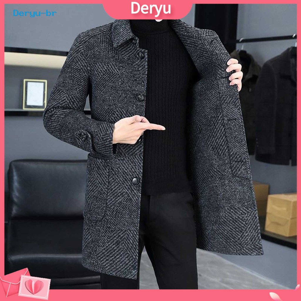 deryu.br Casaco Masculino De Lã Com Lapela , Manga Comprida , Sobretudo De Comprimento Médio Bolsos , Uso Diário Casual