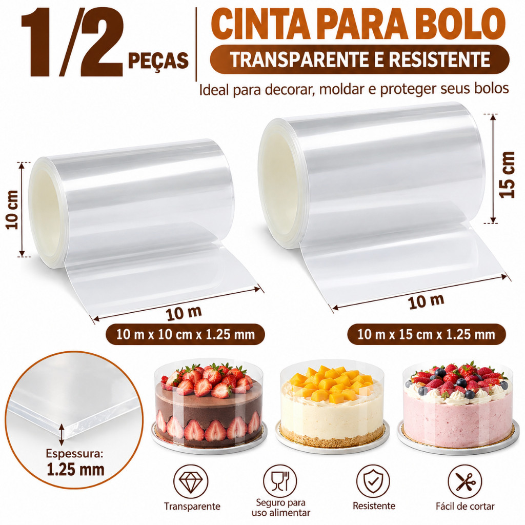 1/2 rolo 10cm x 10m/15cm x 10m 125 mícrons filme PET transparente, adequado para bolo, Mousse, sobremesa e decoração