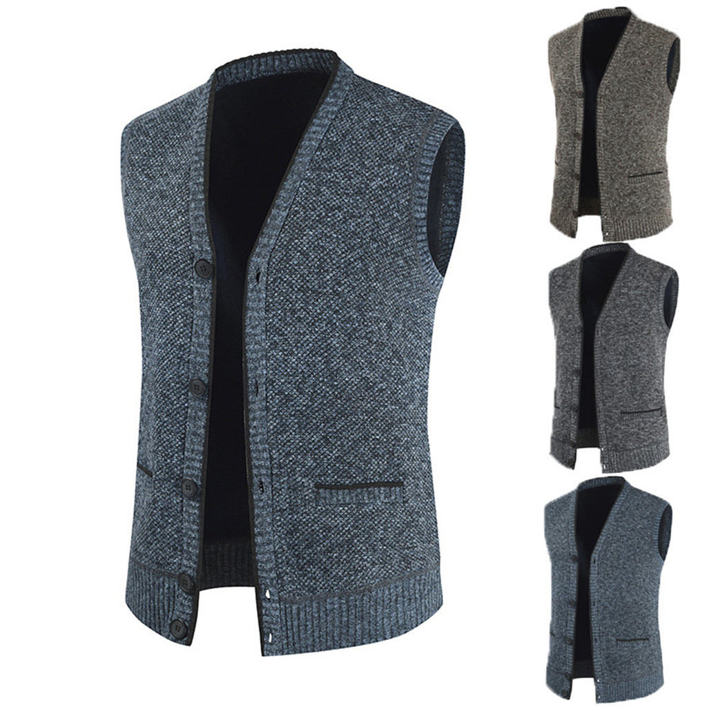 Supperbig Masculino Outono Primavera Colete Único breasted Com Decote Em V Bolsos Fino Ajuste Sem Mangas Cardigan De Mal
