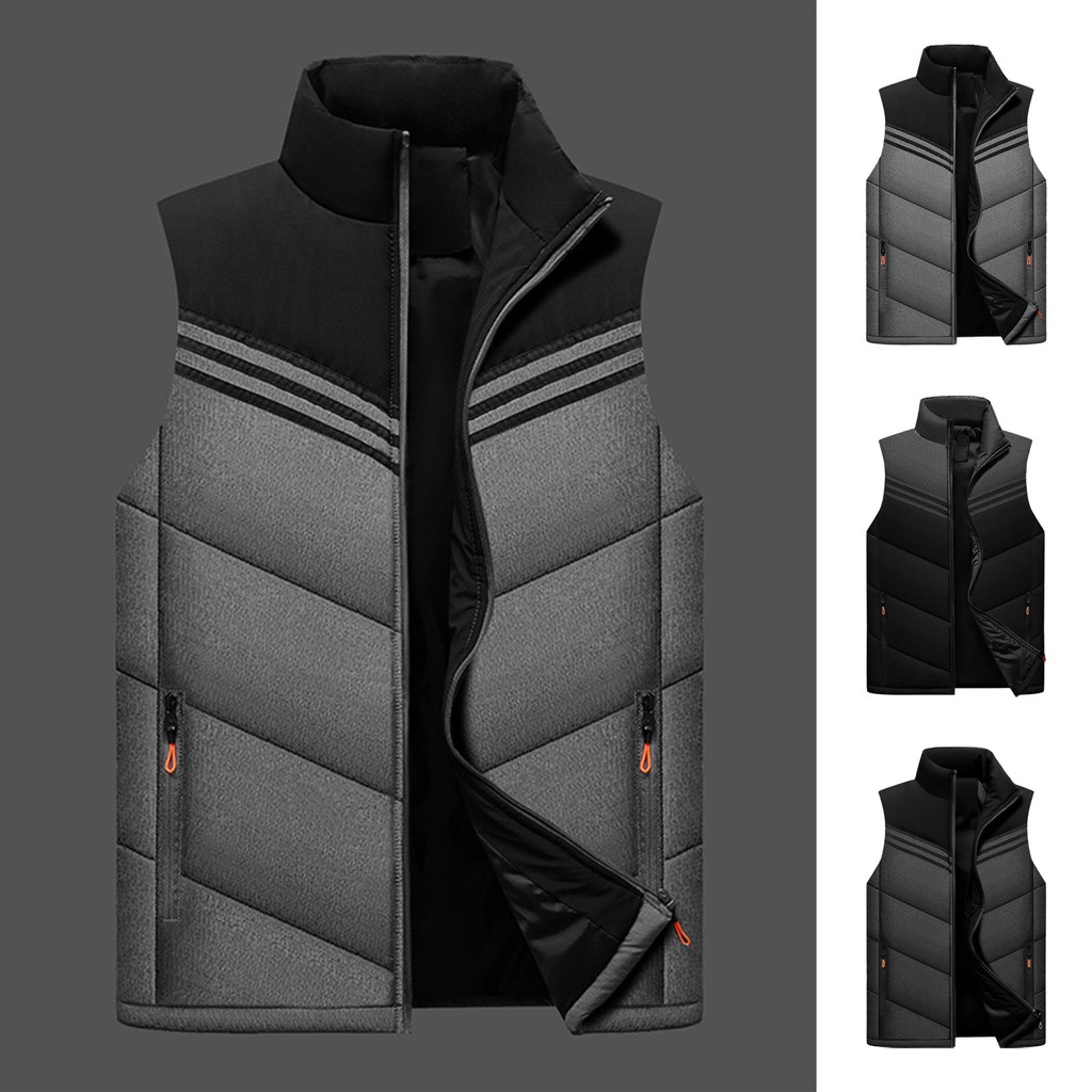 Supperbig Colete Masculino De Algodão Com Gola Alta , Sem Mangas , Zíper , Carcela , Bolsos , Design Listrado Bloqueado 
