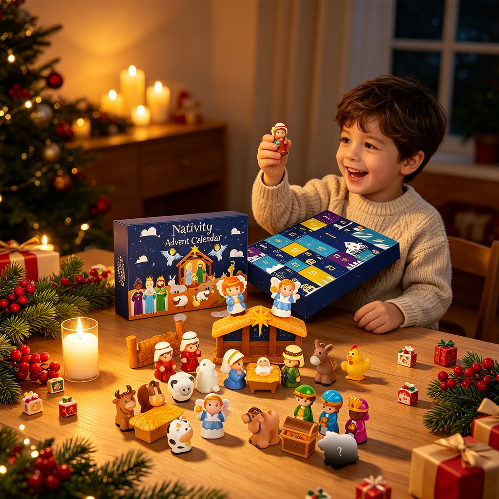 Calendário Do Advento Da Natividade De 24 Dias Amocas Para Crianças , De Contagem Regressiva De Natal Com Mini Estatueta