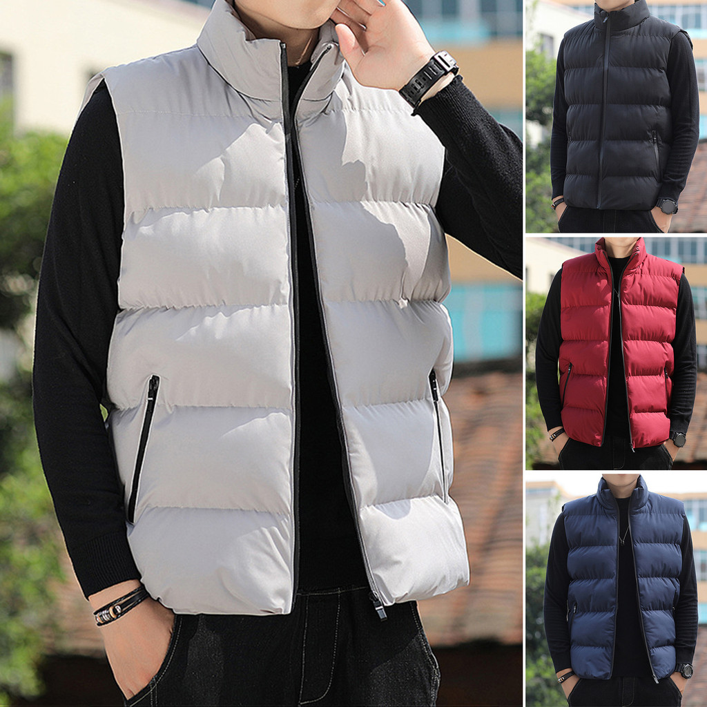 Supperbig Masculino Colete De Algodão Outono Inverno Gola Sem Mangas Zíper Carcela Jaqueta Com Bolsos Cor Sólida Engross