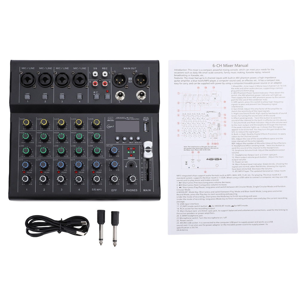 Mini mixer de 6 canais, Interface de áudio, gravação profissional, placa de som, Performance de palco, DJ, preto