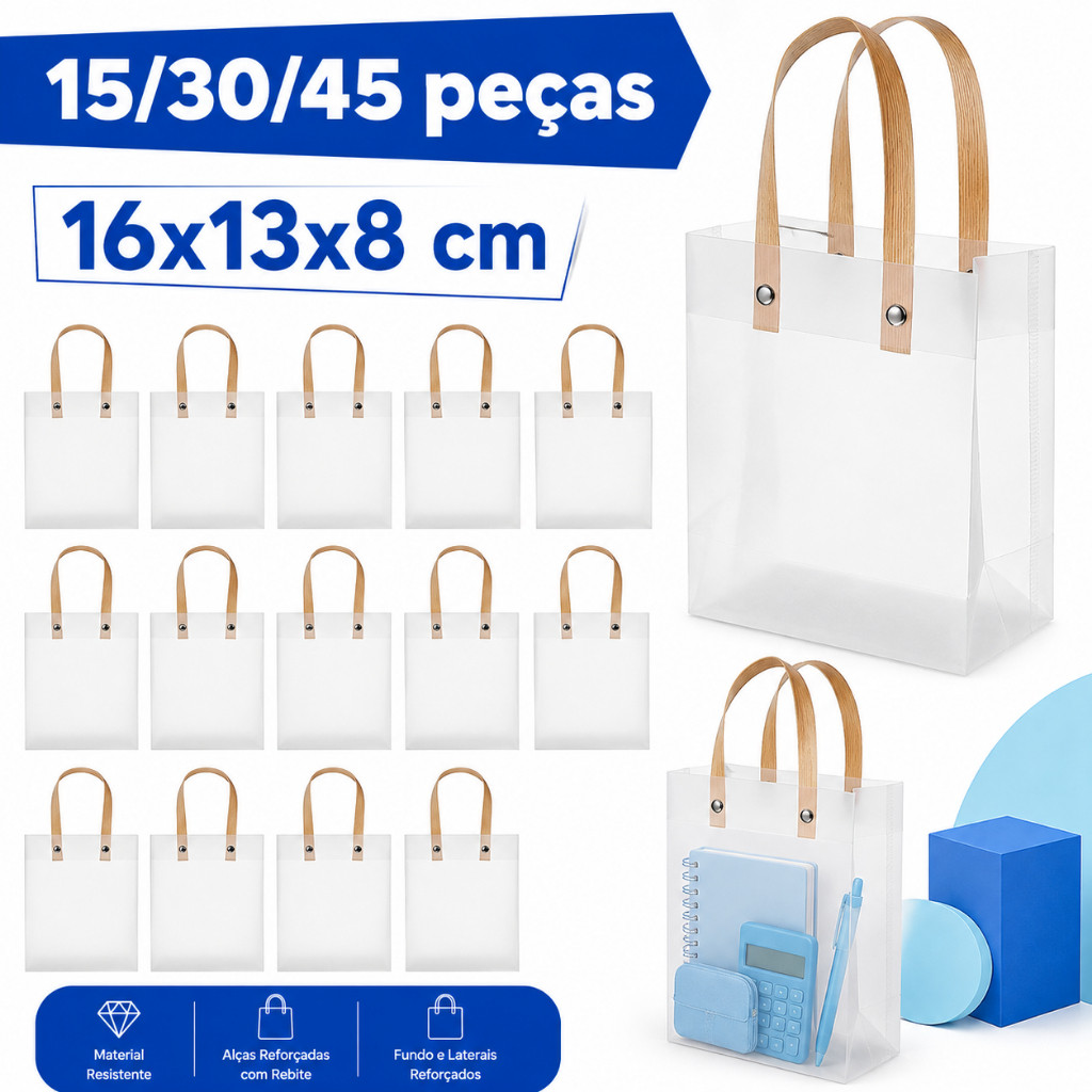 Conjunto de saco plástico fosco 15/30/45, tamanho 16 x 13 x 8 cm, com alça inferior plana, reutilizável, adequado para l