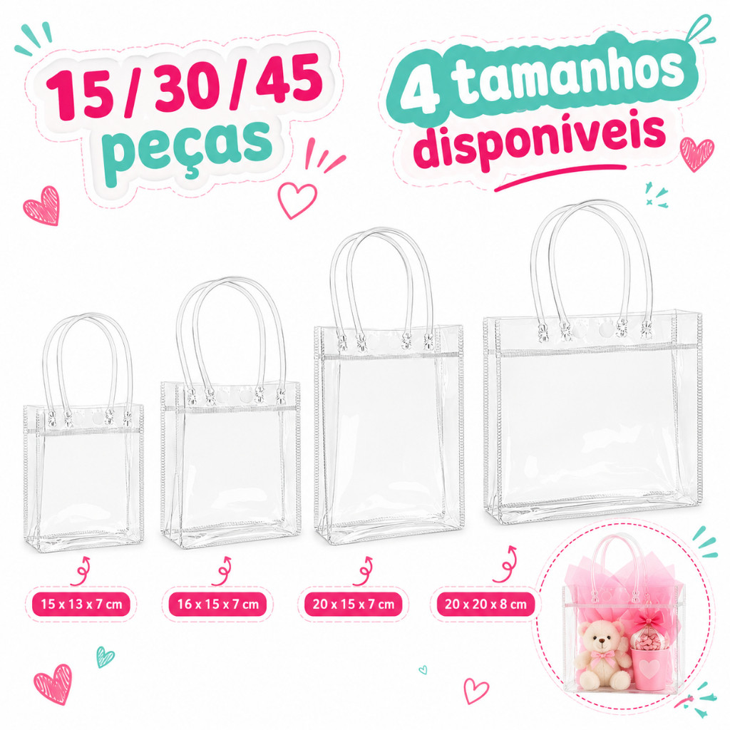 Conjunto de bolsa transparente 15/30/45 com alça e botão de pressão, muito adequado para festa, casamento e presentes
