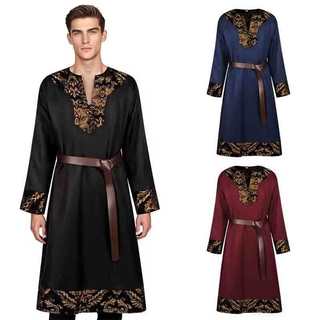 Traje Renascentista Medieval Masculino Vintage Bordado Túnica Manga Longa Robe Com Cinto Para Cosplay De Halloween