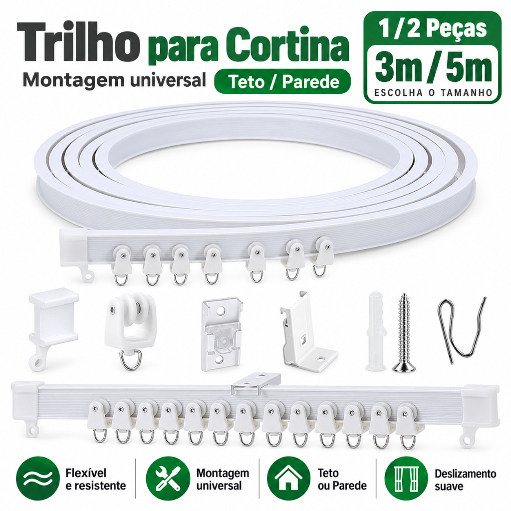 1/2 peças 3m/5m trilho de cortina Universal flexível de PVC, instalação de teto ou parede, adequado para cantos e divisó