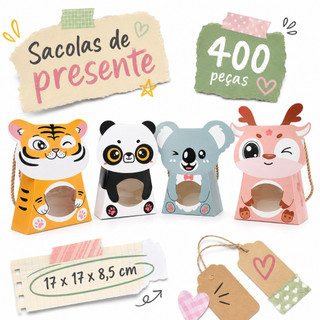 15.5x10.4x5.2cm, 400 sacos de lembrança infantil, com janelas, cordas e padrões de animais para doces