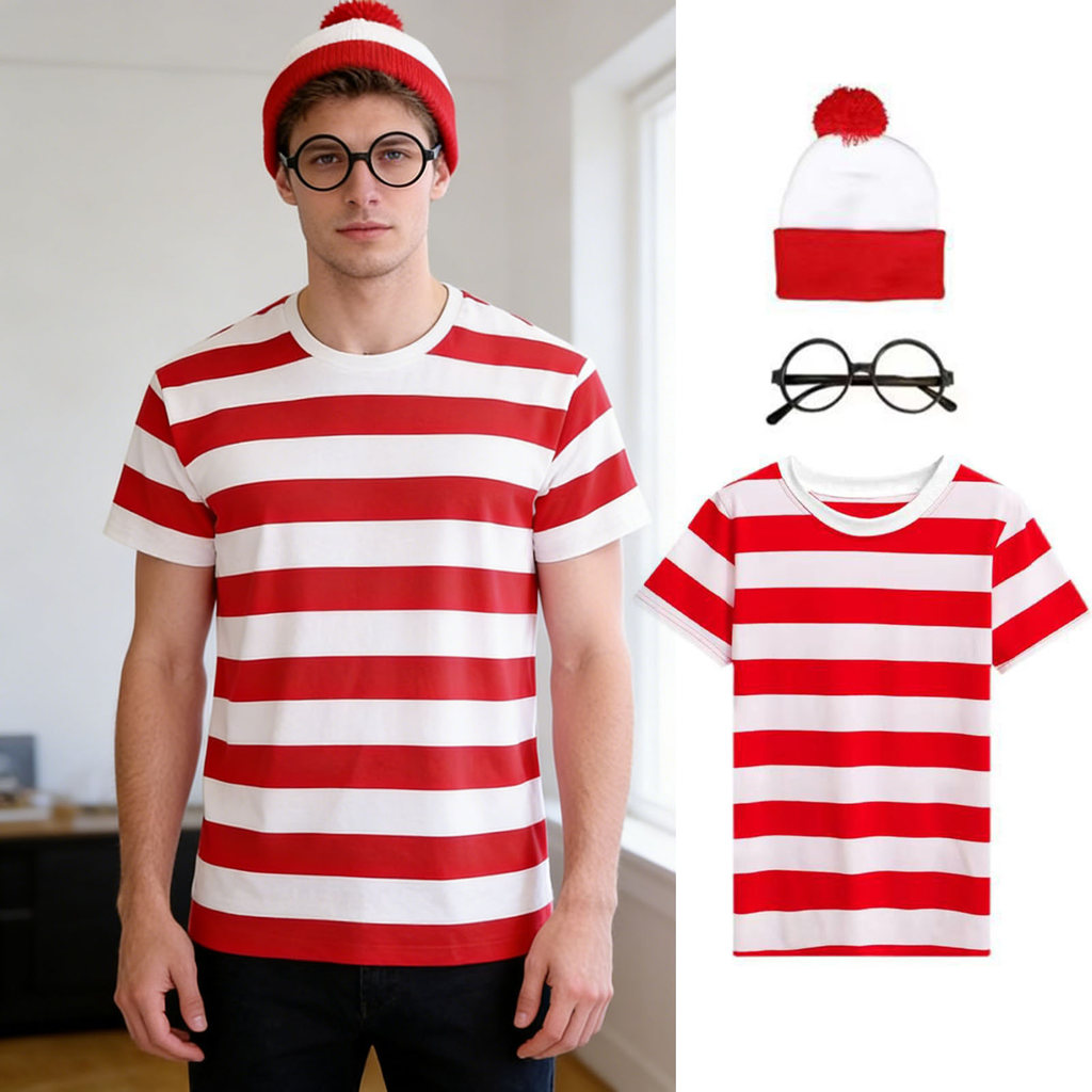 [GR.Z] Adulto Vermelho Branco Listrado Camiseta Óculos Chapéu Conjunto Halloween Cosplay Traje Fantasia Vestido Roupa Pa