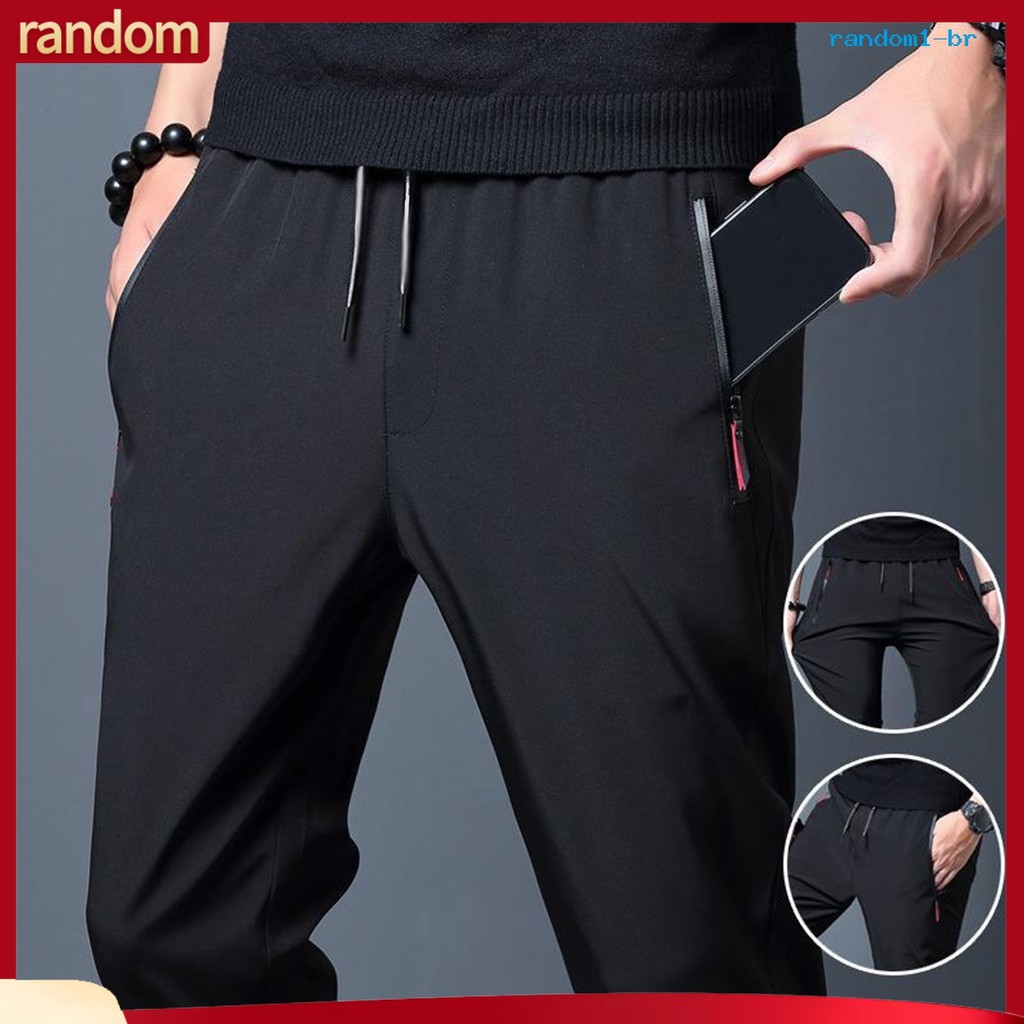 [RAN] Calças Esportivas Masculinas De Seda Gelada De Secagem Rápida Slim Fit Bolsos Laterais Com Zíper Plus Size Cordão 
