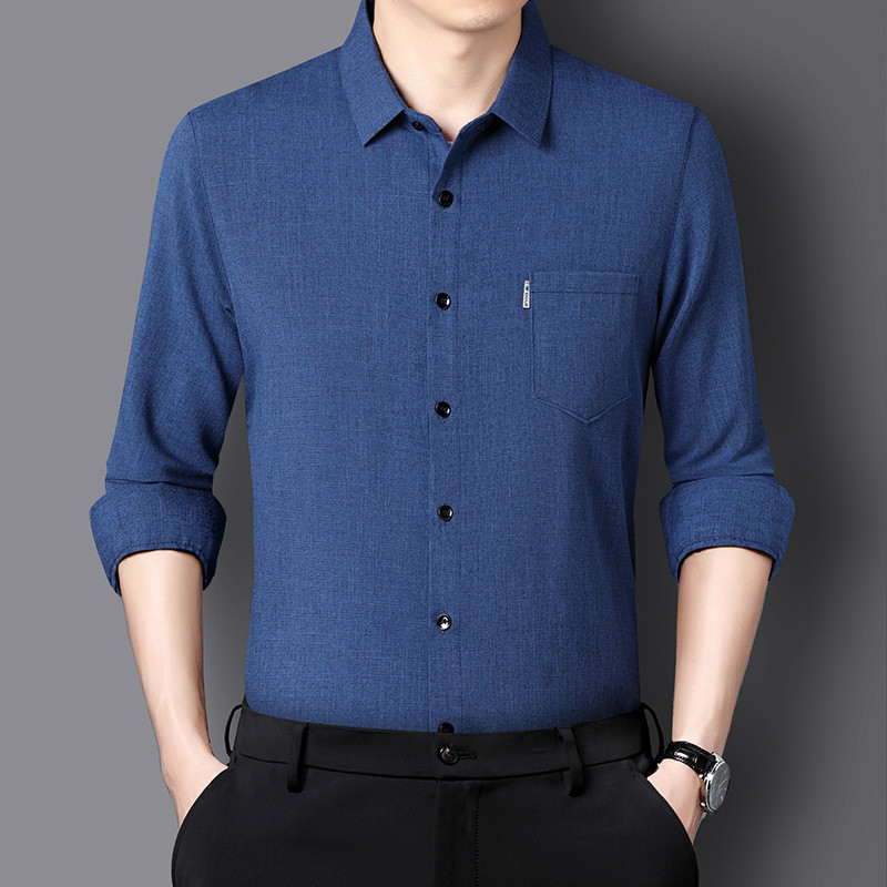 Camisa Masculina De Mistura De Algodão De Manga Comprida Cor Sólida Empresarial