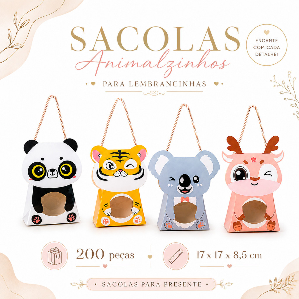 15.5x10.4x5.2cm, 200 sacos de lembrança infantil, com janelas, cordas e padrões de animais para doces