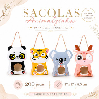 15.5x10.4x5.2cm, 200 sacos de lembrança infantil, com janelas, cordas e padrões de animais para doces