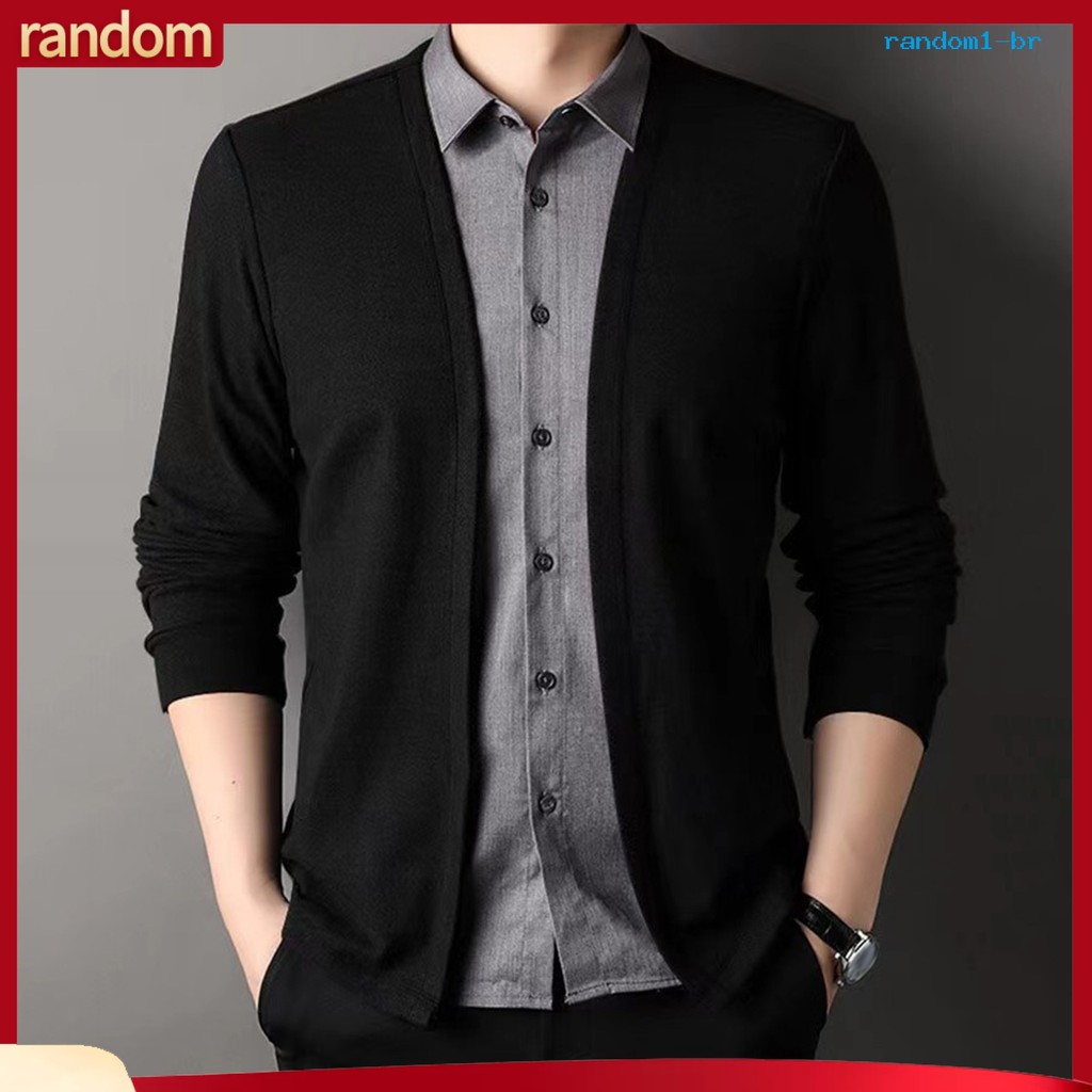 [RAN] Men Primavera Outono Top Falso Camisa De Duas Peças E Cardigan Patchwork Suéter De Malha Gola Virada Para Baixo Fo