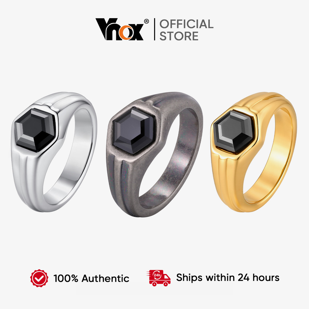 Anel Masculino De Aço Inoxidável Vnox Com Design Geométrico De Zircônia Preta Hexagonal Para Uso Diário