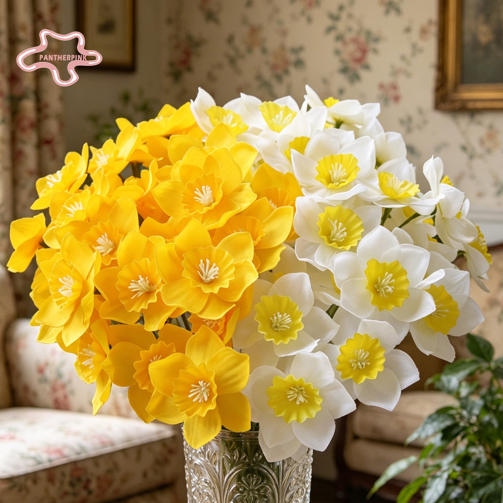 Pantera-6Pcs Buquês De Narcisos Artificiais Buquê De Narciso Simulado Arranjo Floral Decorativo Amarelo E Branco Para Sa