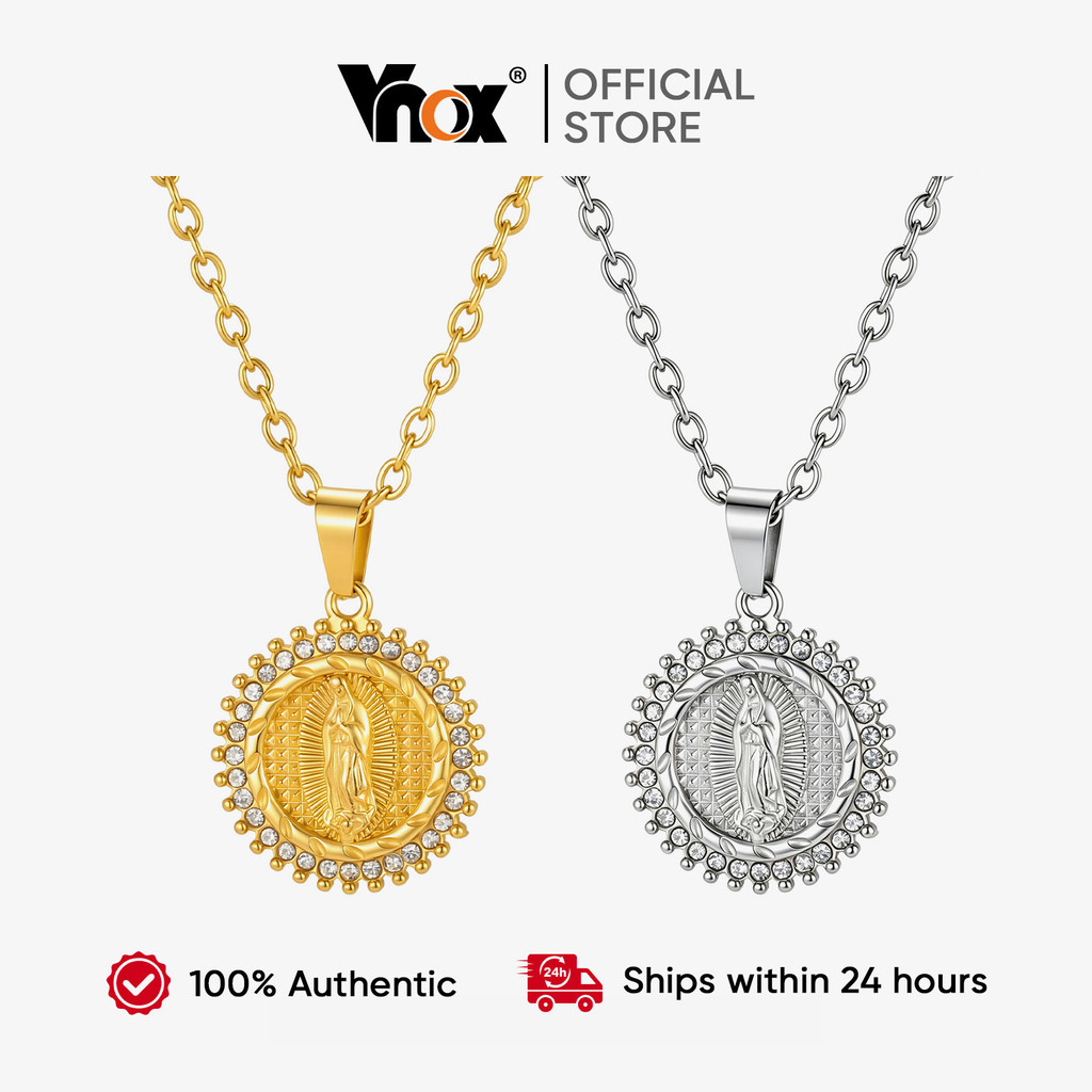 Colar Com Medalha Vnox Virgem Maria Incrustada Corrente De Aço Inoxidável De Zircônia Cúbica Para Unissex