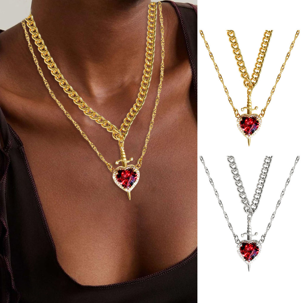 ELLASTORE Colar Feminino De Camada Dupla Com Lâmina E Pingente De Coração Decoração De Strass Vermelho Aço Inoxidável Di