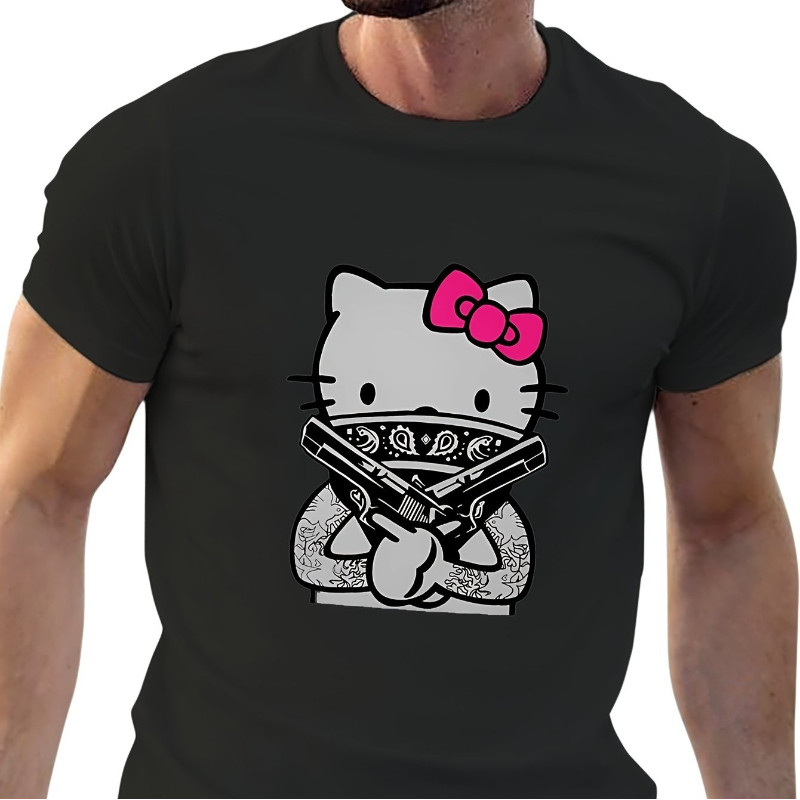 Camiseta Masculina Oficial Da Sanrio De Verão Com Estampa Hello Kitty – Camisa Preta Casual De Manga Curta Laço Rosa