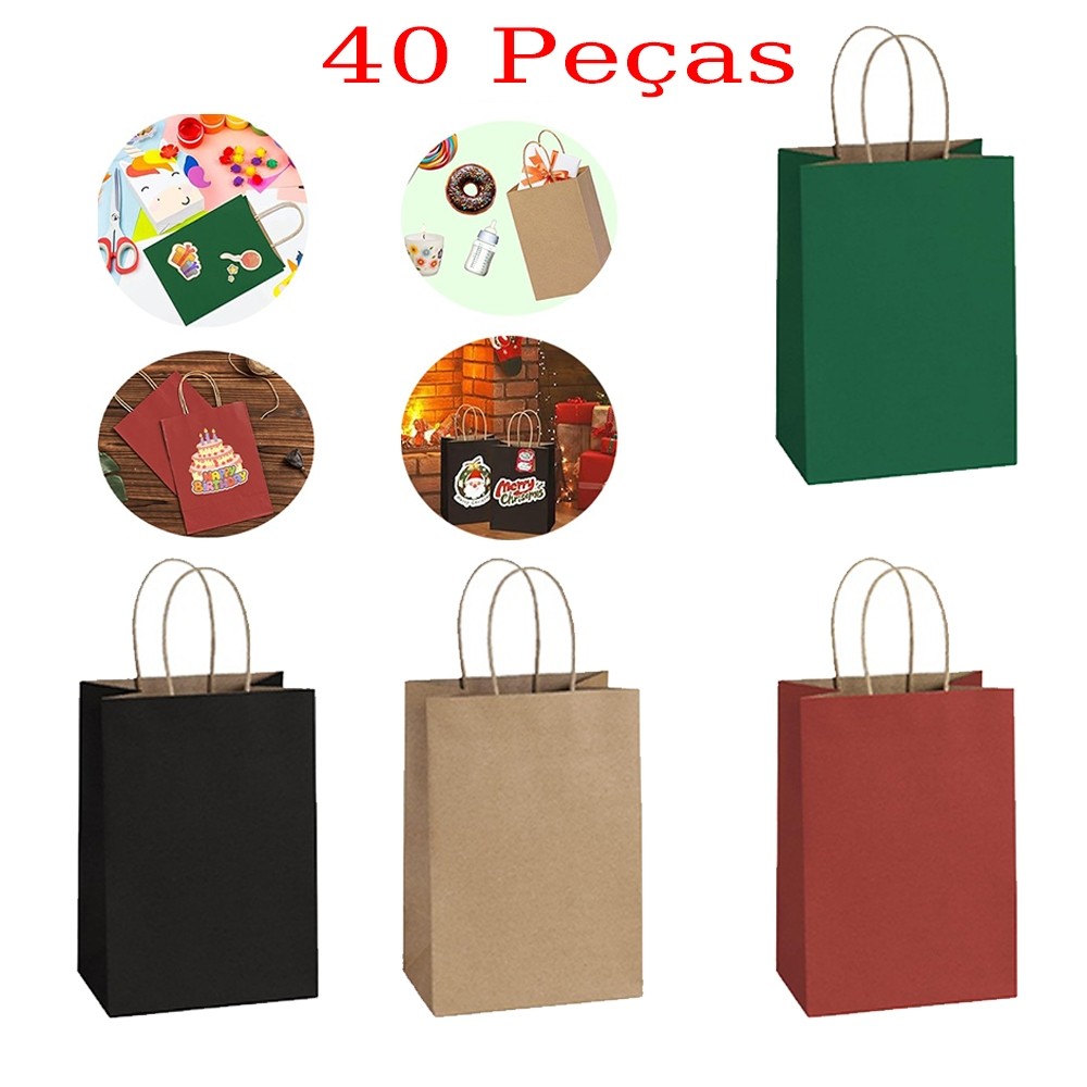 Saco de papel Kraft de 21x15x8cm, pacote de 40 peças, saco de presente ecologicamente correto, adequado para aniversário