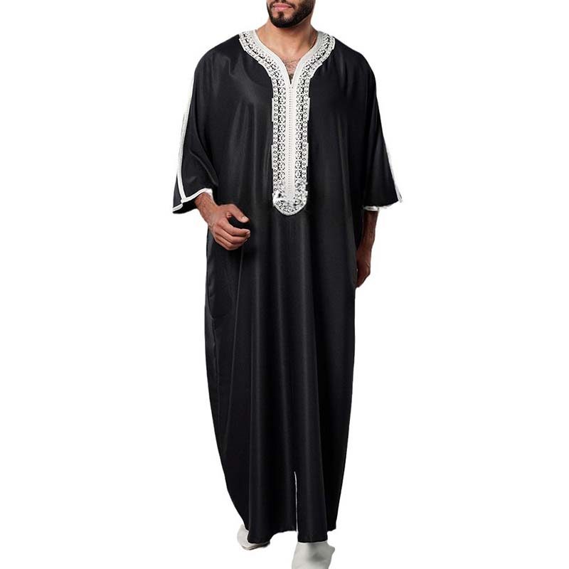 Muçulmano kaftan Masculino Manga Curta Bordado Marroquino Árabe Estilo Étnico robe Festa casual Jubba Thobe