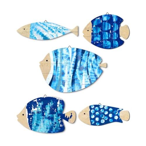 Conjunto De Arte De Parede Náutica De Madeira De 5 Peças-Esculturas Rústicas De Peixes De Praia Costeiras E Decoração De