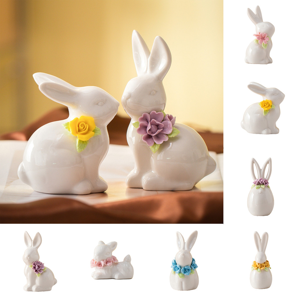 [SKI] Estatueta De Coelho De Cerâmica De Páscoa Mini Estátua Flor Primavera Home Office Holiday Party Decoração Ornament