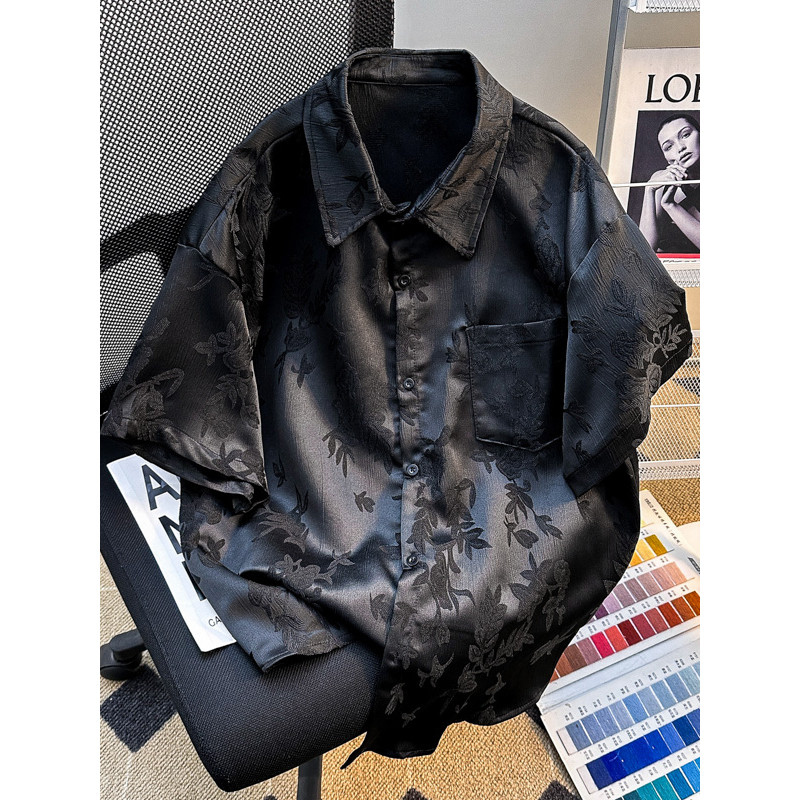 Padrão escuro Jacquard camisa de manga curta masculina verão novo estilo chinês camisa de meia manga Street Wear bonito 