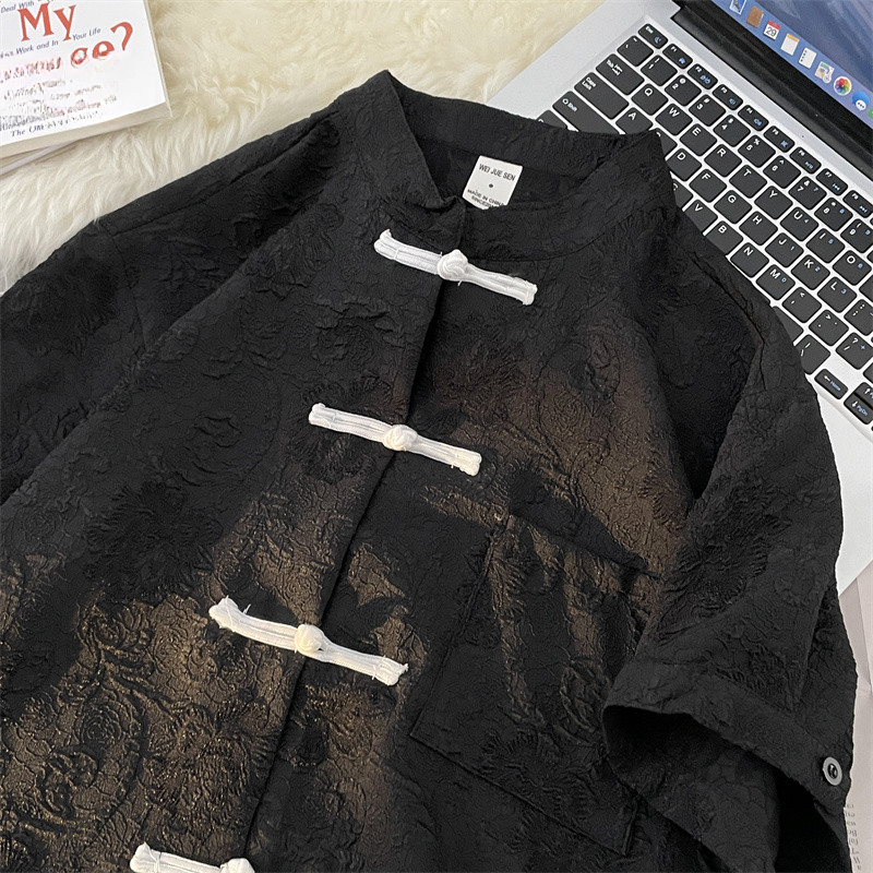 Botão de disco Jacquard camisa de manga curta masculina 2023 novo estilo verão estilo nacional nova camisa estilo chinês