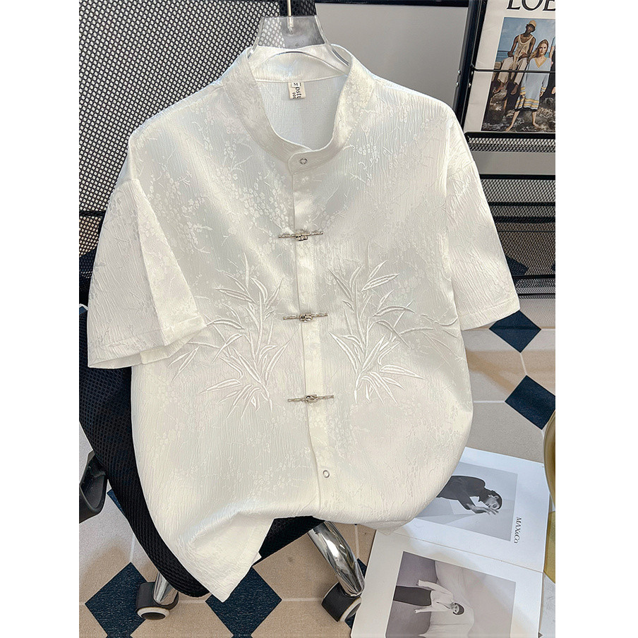 Bordado gola alta camisa de manga curta masculina na moda novo estilo chinês abotoado camisa Zhongshan Retro jaqueta Cas