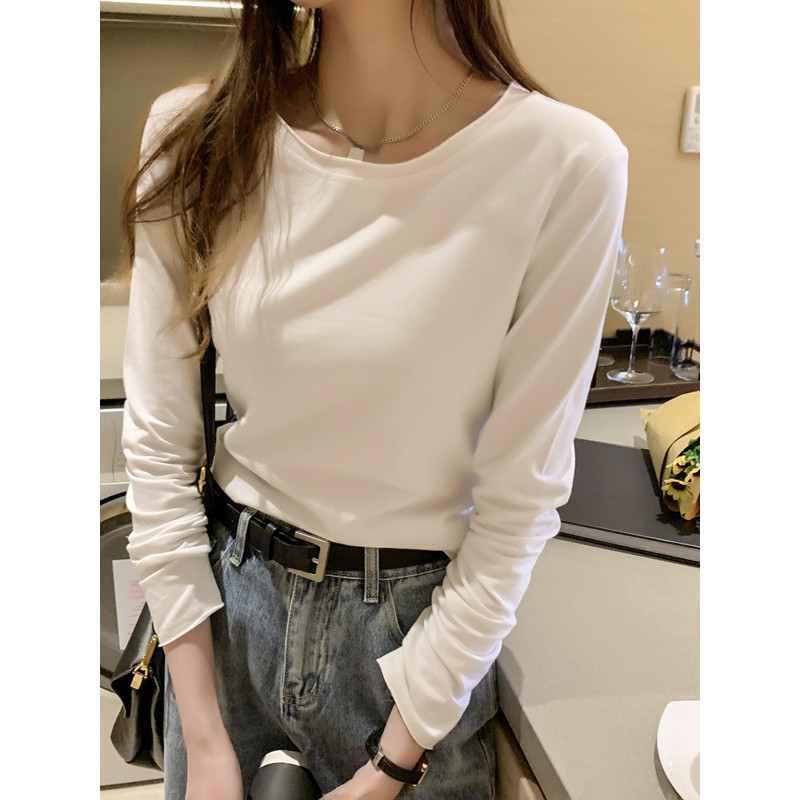 Primavera outono inverno estilo ocidental de manga comprida interior branco puro algodão estilo Hong Kong ins fino ajust