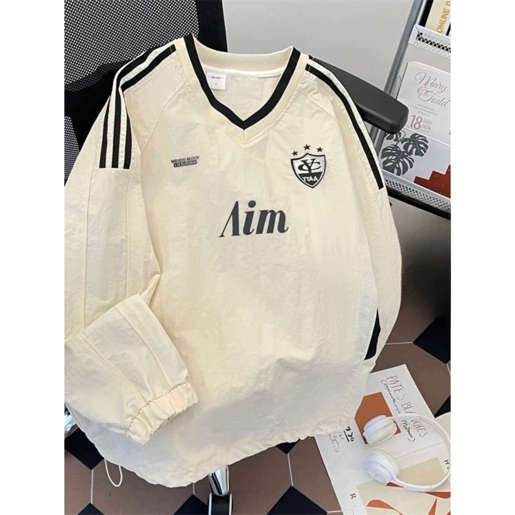 Retro estilo americano contraste cor de secagem rápida moletom masculino primavera solto com decote em V camisa esportiv