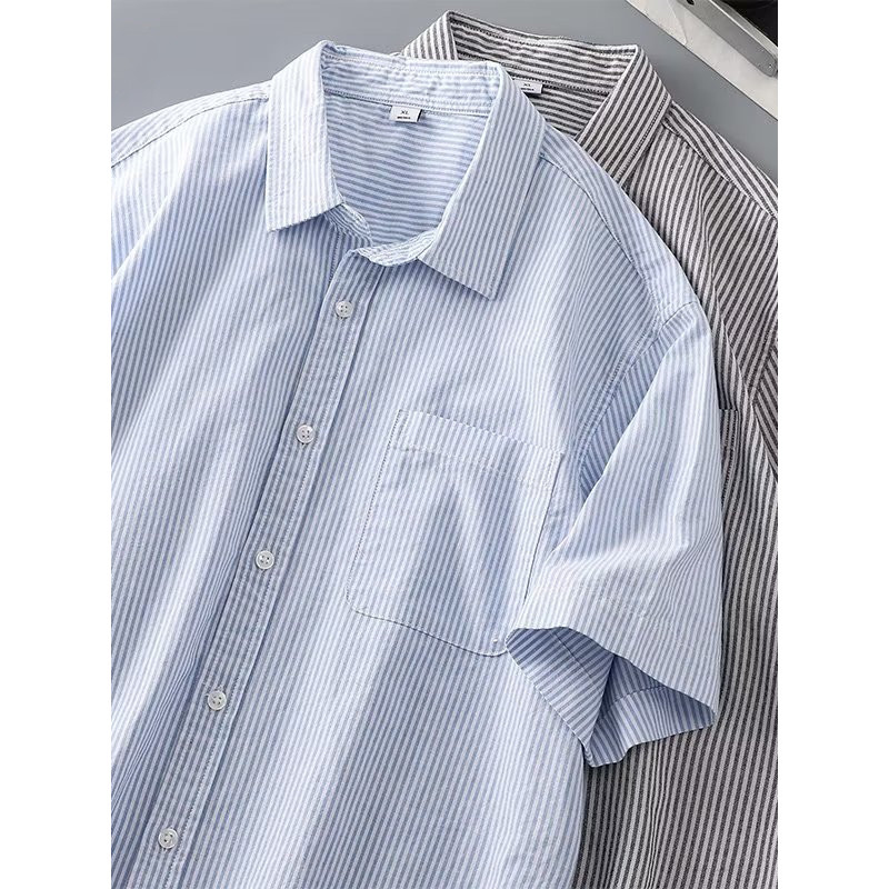 Camisa de manga curta listrada azul pesado branca masculina verão 2026 High-End cityboy estilo sal camisa de seda gelo