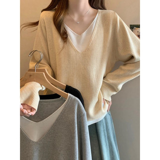 Manga longa falso de duas peças contraste cor malhas outono inverno novo estilo tamanho grande com decote em V camisa de